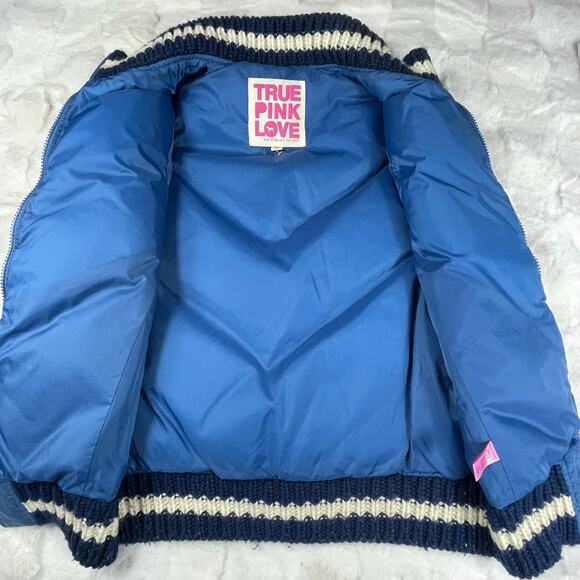 🔥PINK Victoria’s Secret Down Feather Spell Out Striped Trim Blue Vest Size XS/S - Picture 4 of 11